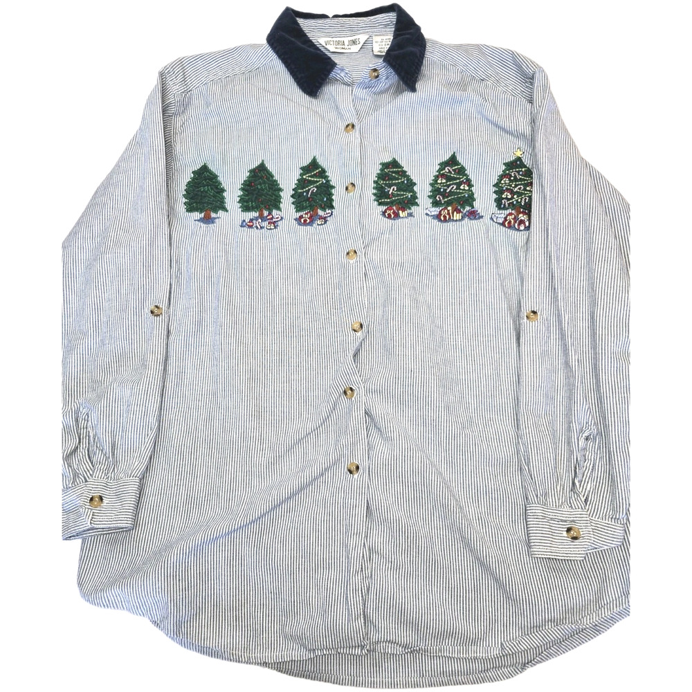 Victoria‎ Jones Woman Christmas Tree 18W Embroidered Blue Striped Long Sleeve